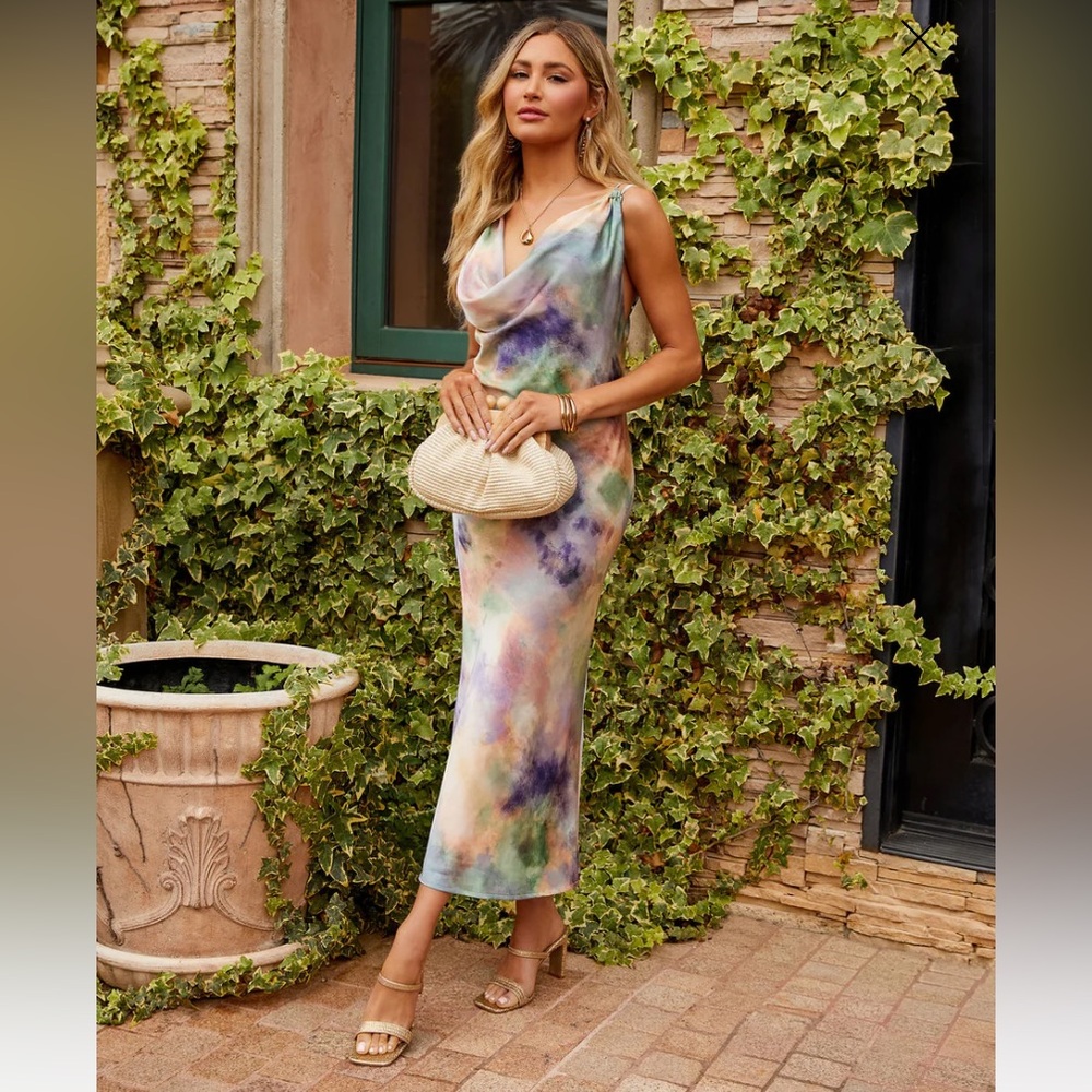 Satin Tie Dye Midi Dress - Picture 6 of 12